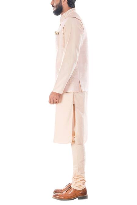 Shop_Smriti By Anju Agarwal_Beige Raw , Cotton Embroidered Bundi And Kurta Set _Online_at_Aza_Fashions