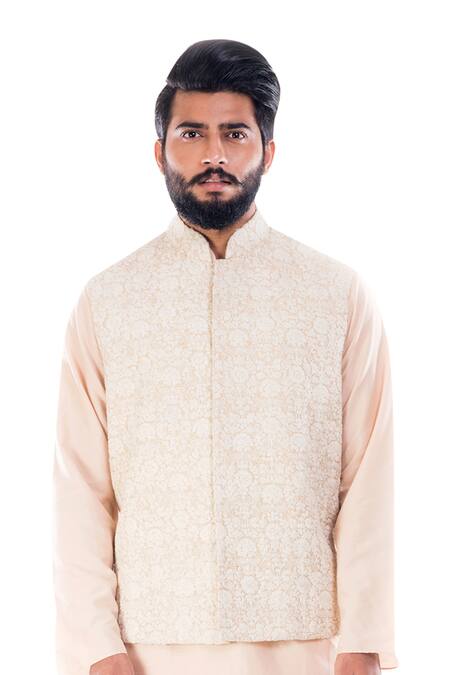 Smriti By Anju Agarwal_Beige Raw , Cotton Embroidered Bundi And Kurta Set _at_Aza_Fashions
