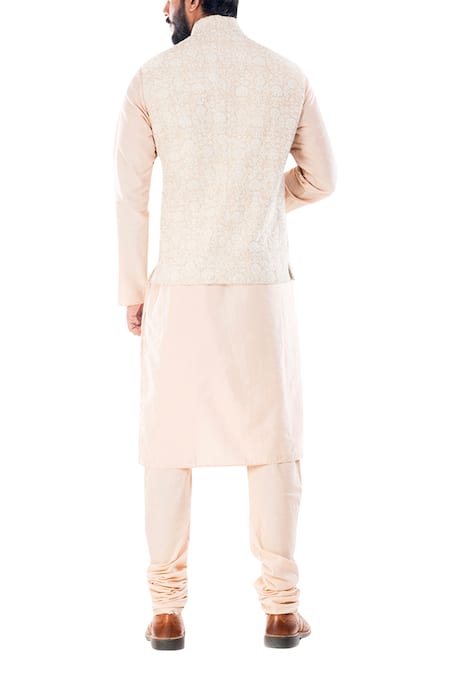 Shop_Smriti By Anju Agarwal_Beige Raw , Cotton Embroidered Bundi And Kurta Set _at_Aza_Fashions