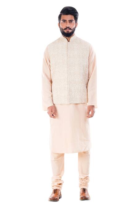 Smriti By Anju Agarwal_Beige Raw , Cotton Embroidered Bundi And Kurta Set _Online_at_Aza_Fashions
