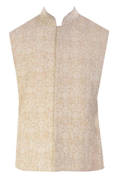 Shop_Smriti By Anju Agarwal_Beige Raw , Cotton Embroidered Bundi And Kurta Set _Online_at_Aza_Fashions