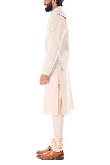 Buy_Smriti By Anju Agarwal_Beige Raw , Cotton Embroidered Bundi And Kurta Set _Online_at_Aza_Fashions