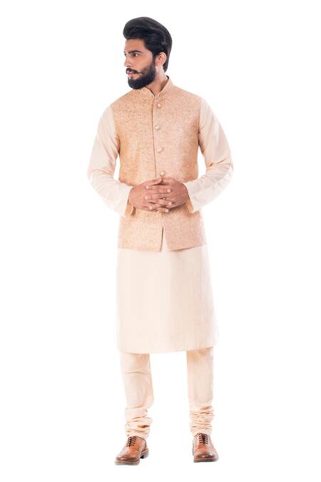 Smriti By Anju Agarwal_Beige Raw , Cotton Embroidered Bundi And Kurta Set _Online_at_Aza_Fashions