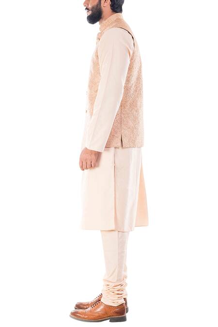 Shop_Smriti By Anju Agarwal_Beige Raw , Cotton Embroidered Bundi And Kurta Set _Online_at_Aza_Fashions