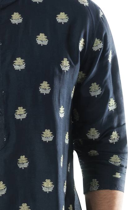 Buy_PAARSH_Blue Cotton , Bemberg Embroidered Kurta Set _Online_at_Aza_Fashions