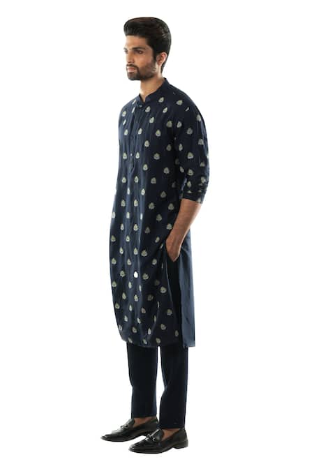 PAARSH_Blue Cotton , Bemberg Embroidered Kurta Set _Online_at_Aza_Fashions