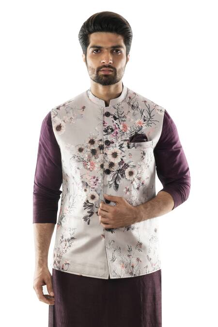 Buy_Smriti By Anju Agarwal_Purple Cotton Linen, Suede, Terrycot Printed Bundi And Kurta Set_Online_at_Aza_Fashions