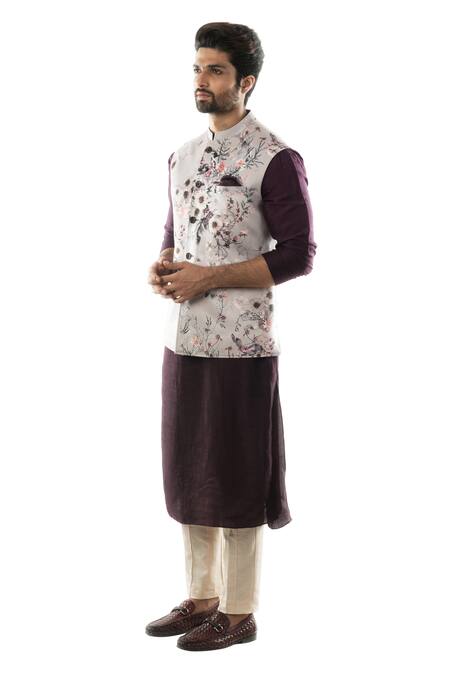Smriti By Anju Agarwal_Purple Cotton Linen, Suede, Terrycot Printed Bundi And Kurta Set_Online_at_Aza_Fashions