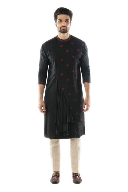 Paarsh_Black Rayon, Cotton Linen Pintuck Kurta Set _Online_at_Aza_Fashions