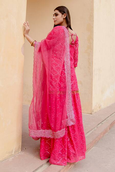 Shop Gulabo Jaipur Pink Georgette Floral, Mirror U Neck And Work Kurta Sharara Set at Aza Fashions Shop_Gulabo Jaipur_Pink Georgette Floral, Mirror U Neck And Work Kurta Sharara Set_at_Aza_Fashions