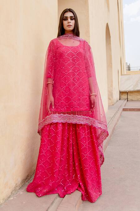 Gulabo Jaipur Pink Georgette Floral, Mirror U Neck And Work Kurta Sharara Set Online at Aza Fashions Gulabo Jaipur_Pink Georgette Floral, Mirror U Neck And Work Kurta Sharara Set_Online_at_Aza_Fashions