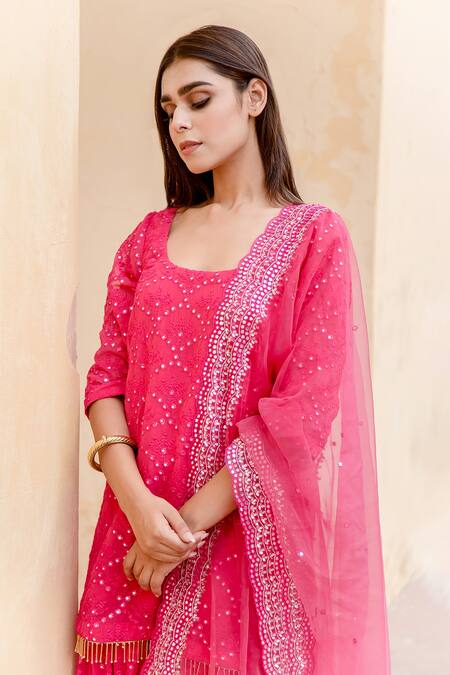 Buy Gulabo Jaipur Pink Georgette Floral, Mirror U Neck And Work Kurta Sharara Set Online at Aza Fashions Buy_Gulabo Jaipur_Pink Georgette Floral, Mirror U Neck And Work Kurta Sharara Set_Online_at_Aza_Fashions