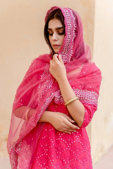 Shop Gulabo Jaipur Pink Georgette Floral, Mirror U Neck And Work Kurta Sharara Set Online at Aza Fashions Shop_Gulabo Jaipur_Pink Georgette Floral, Mirror U Neck And Work Kurta Sharara Set_Online_at_Aza_Fashions