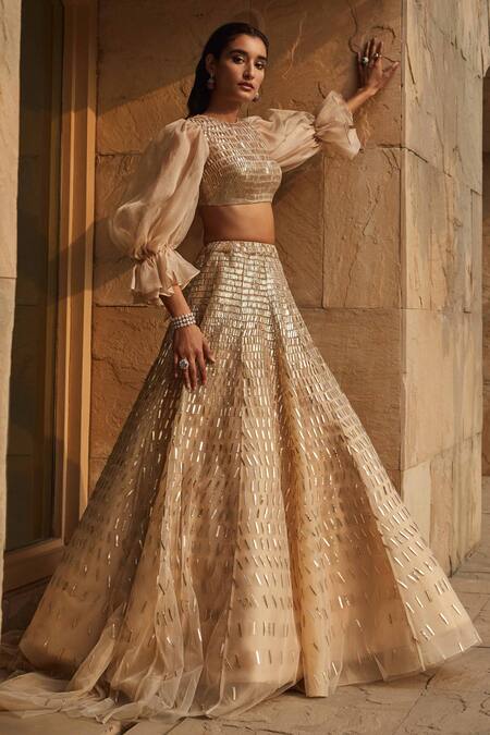 Pankaj & Nidhi Beige Organza, Blouse Tulle, Lining Viscose Satin, Hand Embellished Set Online at Aza Fashions Pankaj & Nidhi_Beige Organza, Blouse Tulle, Lining Viscose Satin, Hand Embellished Set _Online_at_Aza_Fashions