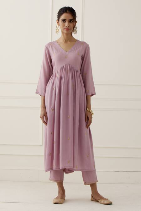 Buy Ikshita Choudhary Purple Modal Cotton Embroidered Thread Work V Neck Floral Anarkali Set Online at Aza Fashions Buy_Ikshita Choudhary_Purple Modal Cotton Embroidered Thread Work V Neck Floral Anarkali Set_Online_at_Aza_Fashions