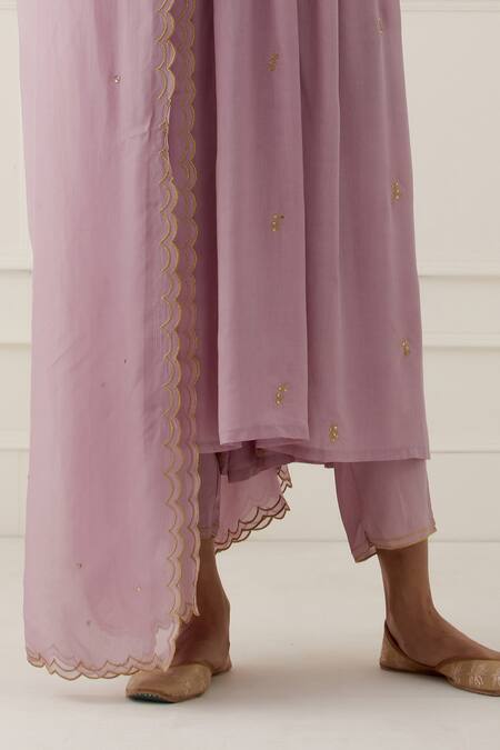 Shop Ikshita Choudhary Purple Modal Cotton Embroidered Thread Work V Neck Floral Anarkali Set Online at Aza Fashions Shop_Ikshita Choudhary_Purple Modal Cotton Embroidered Thread Work V Neck Floral Anarkali Set_Online_at_Aza_Fashions