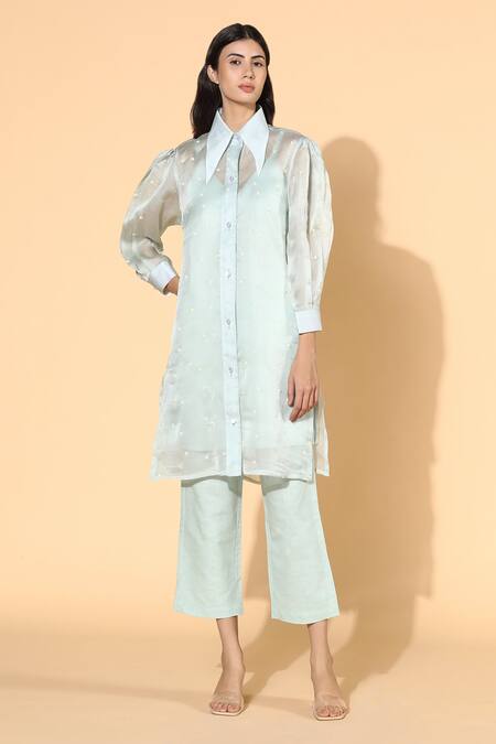 Buy Meadow Green Tunic Silk Organza Pants Linen Inner Spread And Set Online at Aza Fashions Buy_Meadow_Green Tunic Silk Organza Pants Linen Inner Spread And Set _Online_at_Aza_Fashions