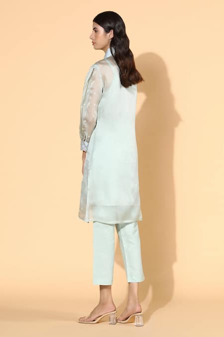 Shop Meadow Green Tunic Silk Organza Pants Linen Inner Spread And Set at Aza Fashions Shop_Meadow_Green Tunic Silk Organza Pants Linen Inner Spread And Set _at_Aza_Fashions