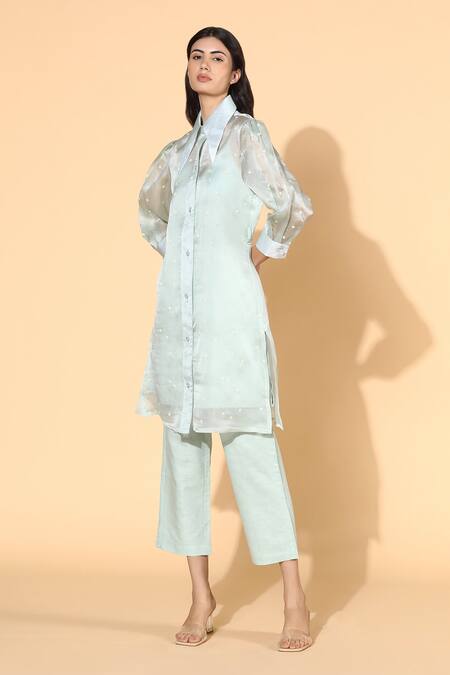Meadow Green Tunic Silk Organza Pants Linen Inner Spread And Set Online at Aza Fashions Meadow_Green Tunic Silk Organza Pants Linen Inner Spread And Set _Online_at_Aza_Fashions