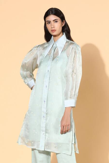 Shop Meadow Green Tunic Silk Organza Pants Linen Inner Spread And Set Online at Aza Fashions Shop_Meadow_Green Tunic Silk Organza Pants Linen Inner Spread And Set _Online_at_Aza_Fashions