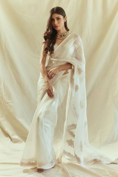 Gopi Vaid Ivory Organza Applique And Embroidery Thread V Work Saree With Blouse 