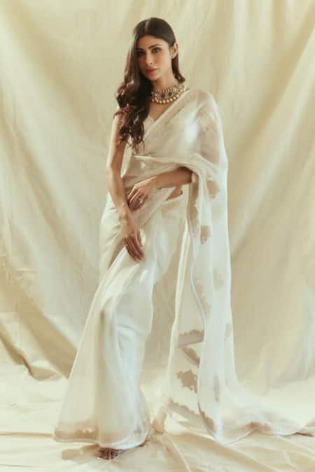 Shop_Gopi Vaid_Ivory Organza Thread V Neck Applique Work Saree With Blouse_at_Aza_Fashions