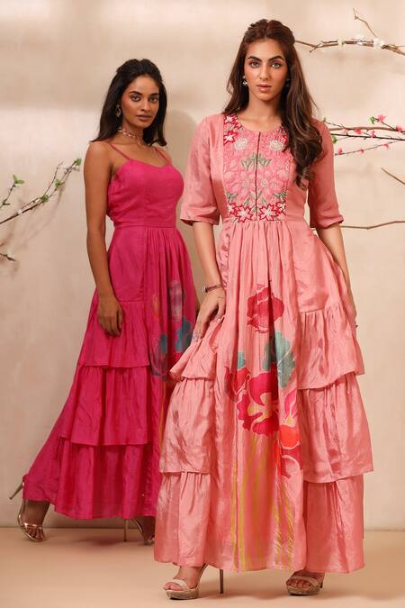 Koashee By Shubitaa_Peach Bemberg Silk, Lining Cambric Floral Round Embroidered Dress_Online_at_Aza_Fashions