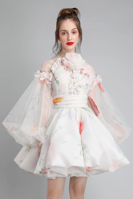 Buy Gauri & Nainika White Organza, Net Round Printed Flared Dress Online at Aza Fashions Buy_Gauri & Nainika_White Organza, Net Round Printed Flared Dress _Online_at_Aza_Fashions