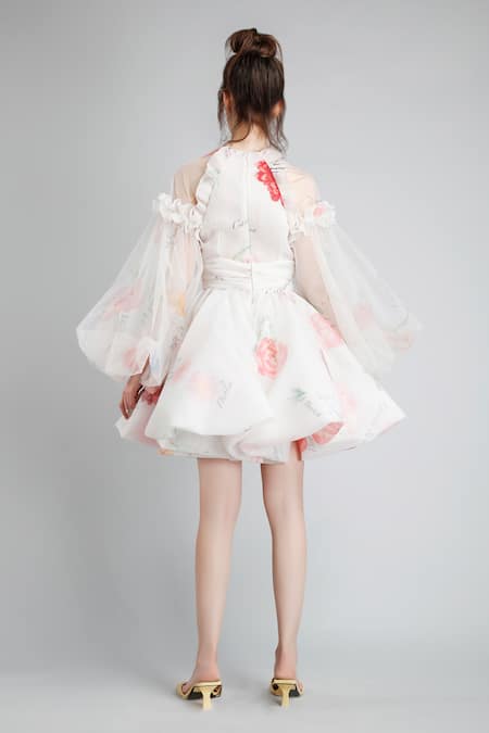 Shop Gauri & Nainika White Organza, Net Round Printed Flared Dress at Aza Fashions Shop_Gauri & Nainika_White Organza, Net Round Printed Flared Dress _at_Aza_Fashions
