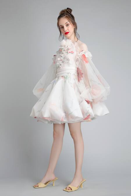 Gauri & Nainika White Organza, Net Round Printed Flared Dress Online at Aza Fashions Gauri & Nainika_White Organza, Net Round Printed Flared Dress _Online_at_Aza_Fashions