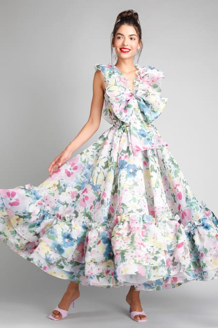 Green Floral Print Mesh Binding Midaxi Dress | PrettyLittleThing USA