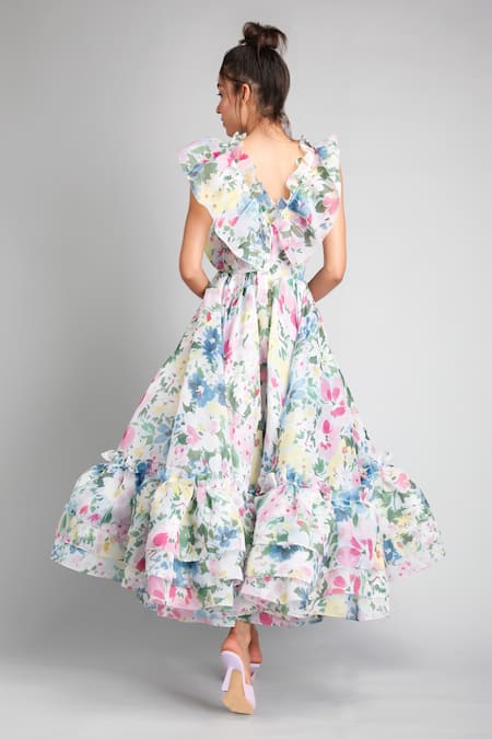 Shop Gauri & Nainika Multi Color Organza V Neck Floral Print Dress at Aza Fashions Shop_Gauri & Nainika_Multi Color Organza V Neck Floral Print Dress _at_Aza_Fashions