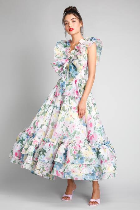 Buy Gauri & Nainika Multi Color Organza V Neck Floral Print Dress Online at Aza Fashions Buy_Gauri & Nainika_Multi Color Organza V Neck Floral Print Dress _Online_at_Aza_Fashions