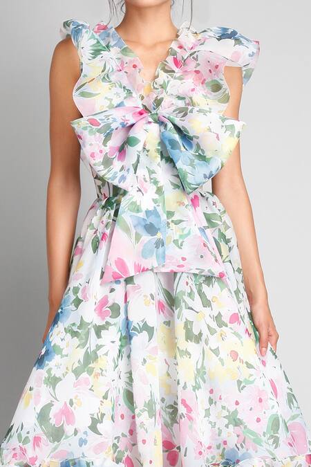 Shop Gauri & Nainika Multi Color Organza V Neck Floral Print Dress Online at Aza Fashions Shop_Gauri & Nainika_Multi Color Organza V Neck Floral Print Dress _Online_at_Aza_Fashions