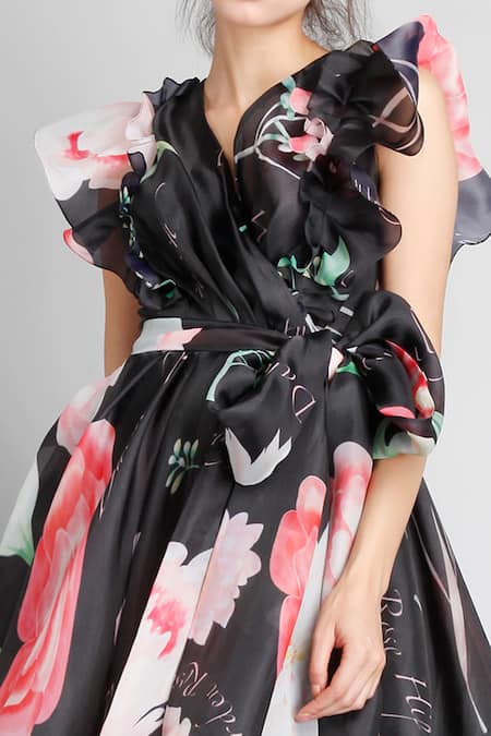 Shop_Gauri & Nainika_Black Organza Embroidery V Neck Floral Print Dress _Online_at_Aza_Fashions