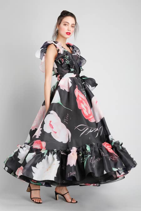 Buy_Gauri & Nainika_Black Organza Embroidery V Neck Floral Print Dress _Online_at_Aza_Fashions