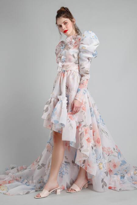 Buy_Gauri & Nainika_White Organza Round Asymmetric Trail Dress _Online_at_Aza_Fashions