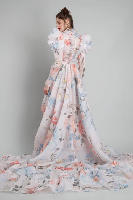 Shop_Gauri & Nainika_White Organza Round Asymmetric Trail Dress _at_Aza_Fashions