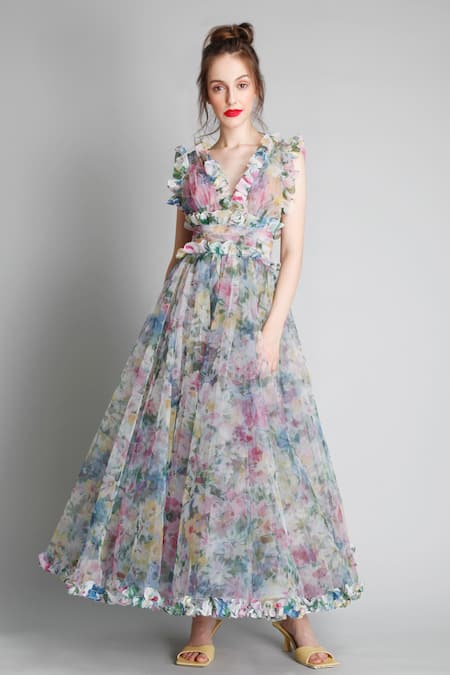 Gauri & Nainika_Multi Color Net Embroidery V Neck Printed Flared Dress _Online_at_Aza_Fashions