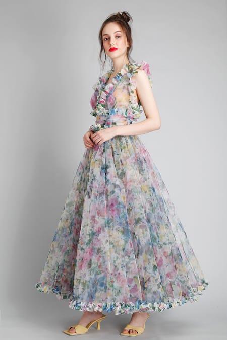 Buy_Gauri & Nainika_Multi Color Net Embroidery V Neck Printed Flared Dress _Online_at_Aza_Fashions