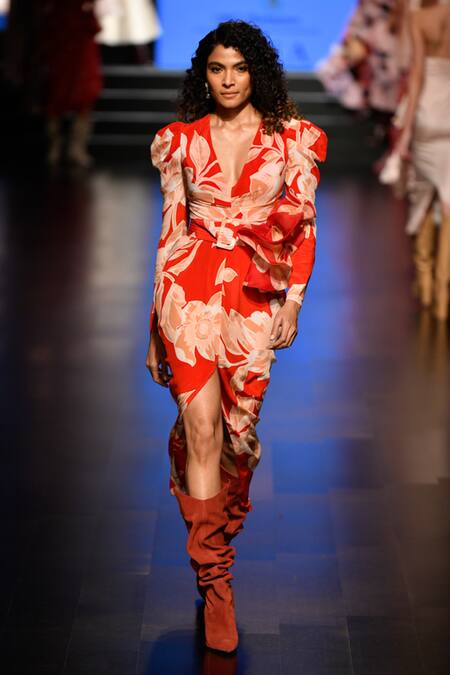 Gauri & Nainika Red Printed Crepe V Neck Floral Dress Online at Aza Fashions Gauri & Nainika_Red Printed Crepe V Neck Floral Dress _Online_at_Aza_Fashions