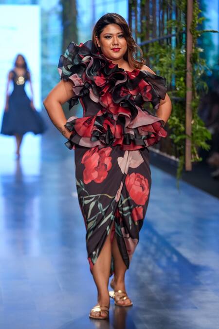 Gauri & Nainika Black Organza And French Crepe Floral Print One Shoulder Dress Online at Aza Fashions Gauri & Nainika_Black Organza And French Crepe Floral Print One Shoulder Dress _Online_at_Aza_Fashions