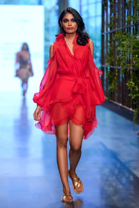 Gauri & Nainika Red Cluster V Neck Cold Shoulder Dress Online at Aza Fashions Gauri & Nainika_Red Cluster V Neck Cold Shoulder Dress _Online_at_Aza_Fashions