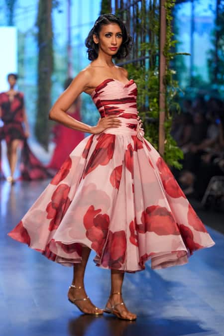 Gauri & Nainika Pink Cinepolis Floral Print Sweetheart Neck Strapless Midi Dress Online at Aza Fashions Gauri & Nainika_Pink Cinepolis Floral Print Sweetheart Neck Strapless Midi Dress _Online_at_Aza_Fashions