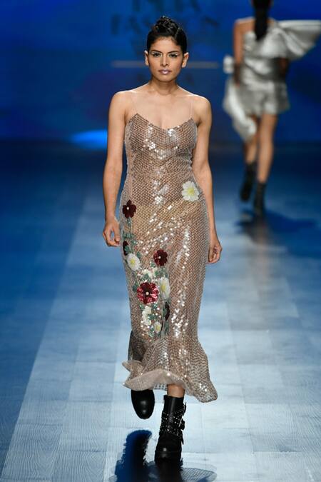 Shop_Gauri & Nainika_Beige Tulle V Neck Sequin Embroidered Dress_at_Aza_Fashions