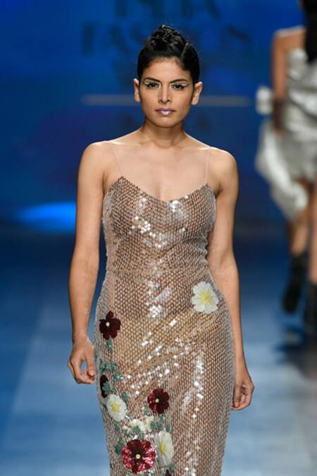 Shop_Gauri & Nainika_Beige Tulle V Neck Sequin Embroidered Dress_Online_at_Aza_Fashions