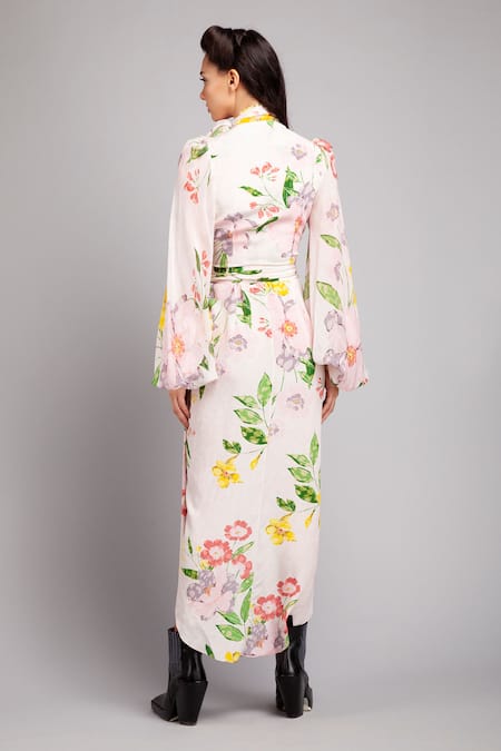 Shop Gauri & Nainika Pink Crepe, Chiffon Floral Print Wrap Dress at Aza Fashions Shop_Gauri & Nainika_Pink Crepe, Chiffon Floral Print Wrap Dress _at_Aza_Fashions