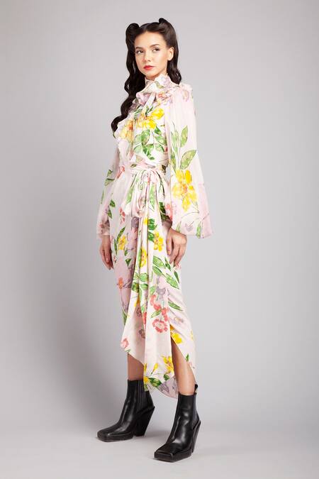 Gauri & Nainika Pink Crepe, Chiffon Floral Print Wrap Dress Online at Aza Fashions Gauri & Nainika_Pink Crepe, Chiffon Floral Print Wrap Dress _Online_at_Aza_Fashions