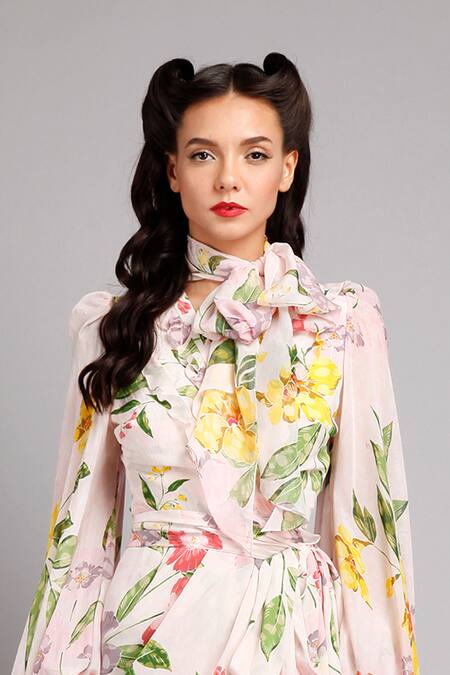 Buy Gauri & Nainika Pink Crepe, Chiffon Floral Print Wrap Dress Online at Aza Fashions Buy_Gauri & Nainika_Pink Crepe, Chiffon Floral Print Wrap Dress _Online_at_Aza_Fashions