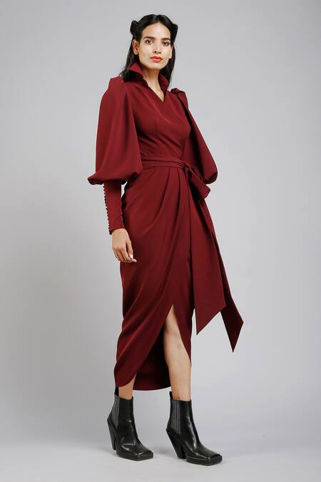 Buy Gauri & Nainika Maroon Micro Spread Collar Bishop Sleeve Wrap Dress Online at Aza Fashions Buy_Gauri & Nainika_Maroon Micro Spread Collar Bishop Sleeve Wrap Dress _Online_at_Aza_Fashions